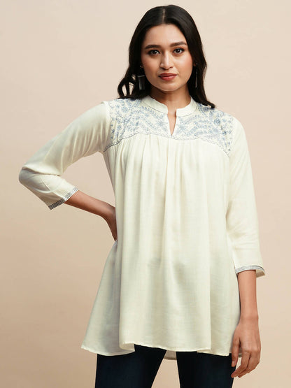 White Rayon Embroidered Top - Tarini - Distacart
