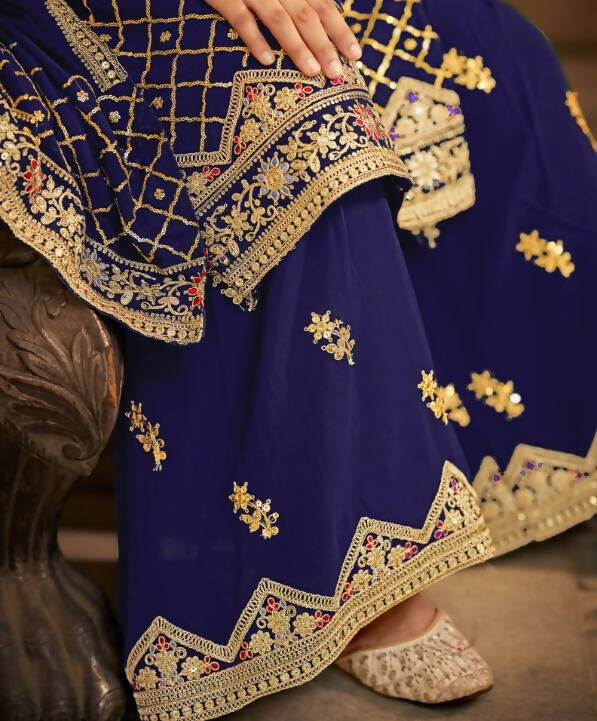 Blue Heavy Chinon Semi Stitched Kurta with Bottom & Dupatta - Dhvani - Distacart