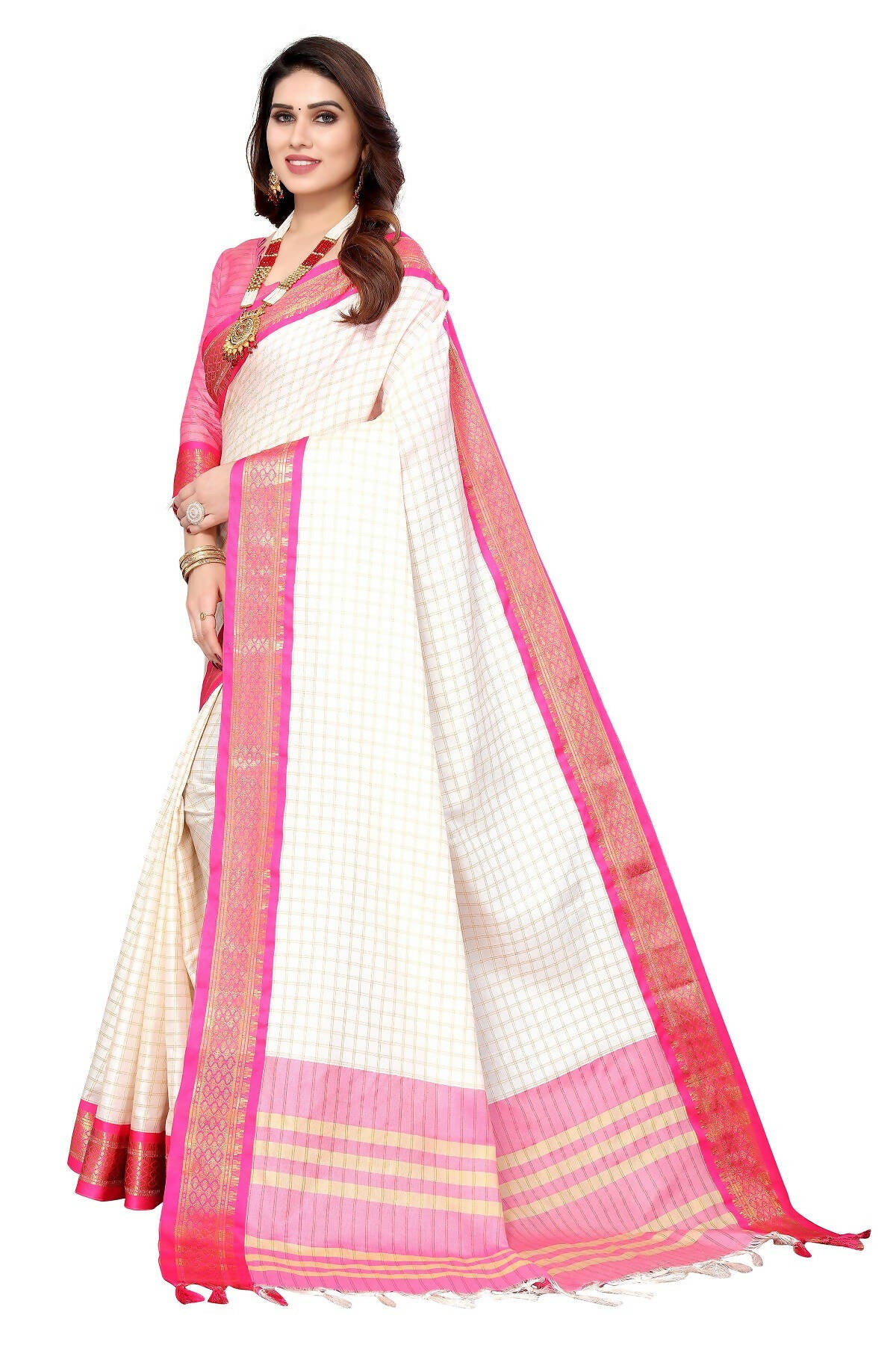 Vamika Weaving White Cotton Silk Saree (DEVAL PINK) - Distacart