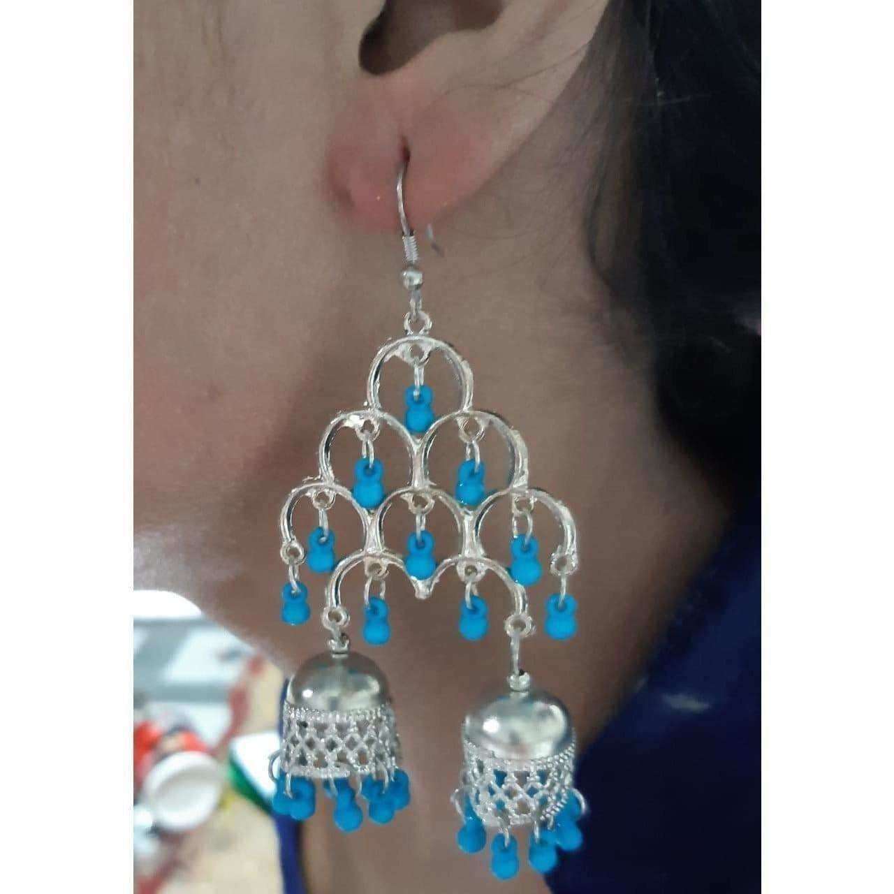 Silver Oxidized Fashion Traditional Double Jhumka Long Blue Pearls Earrings