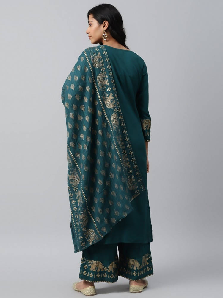 Yufta Women Green And Golden Pure Cotton Solid Kurta with Palazzo and Dupatta