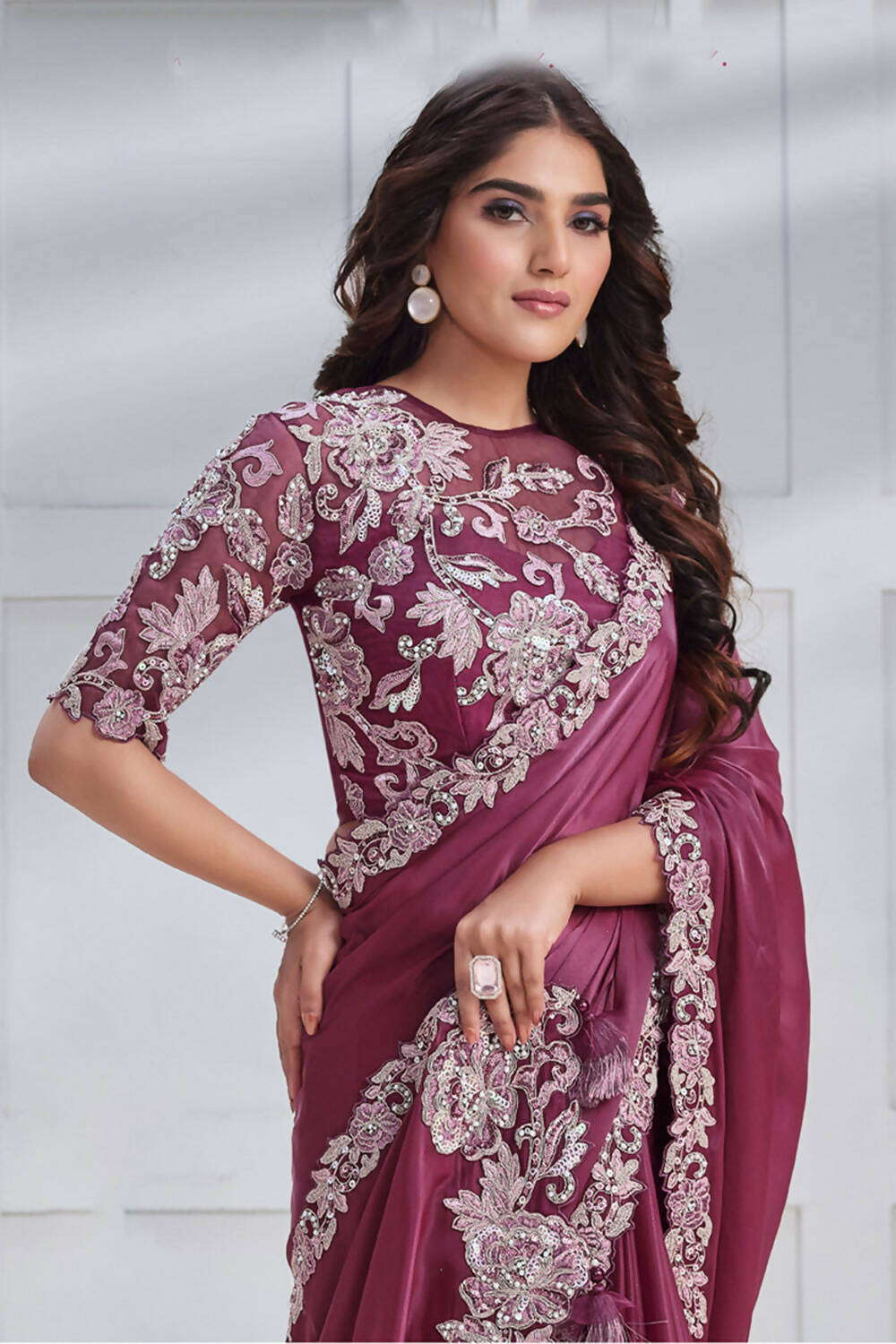 Magenta Crepe satin silk Cord & Sequence Embroidered with Stone work Saree - Mohmanthan Majestica - Distacart