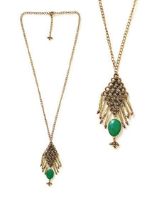 Thumbnail for Bling Accessories Antique Brass Finish Metal Long Necklace with Emerald Green Onyx Natural Stone