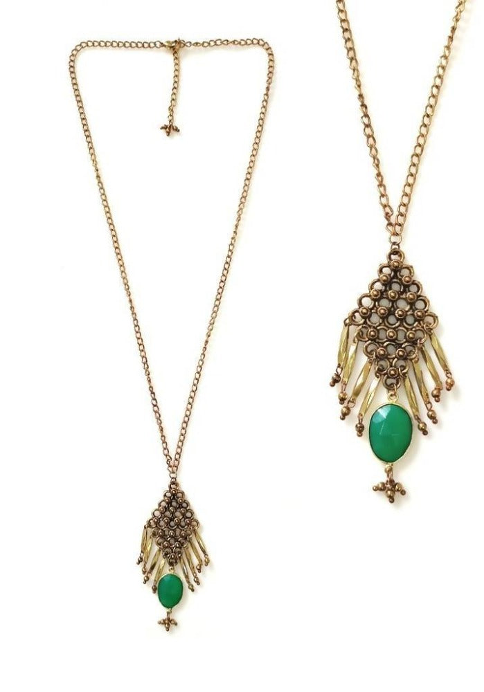 Bling Accessories Antique Brass Finish Metal Long Necklace with Emerald Green Onyx Natural Stone