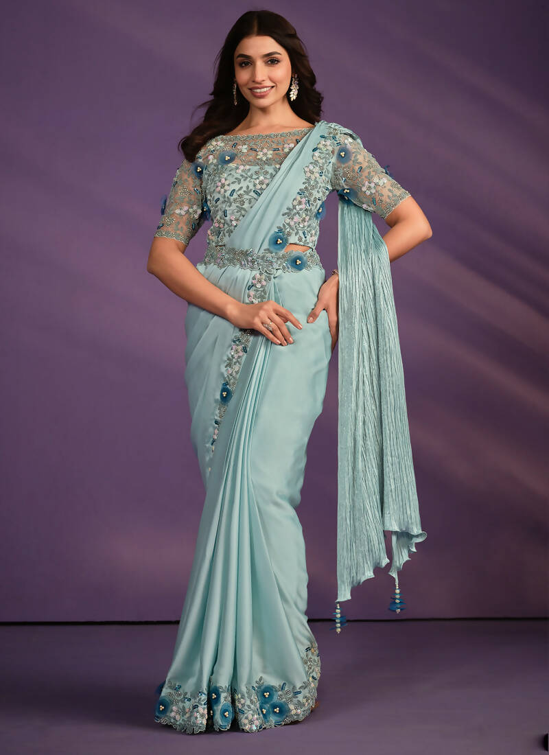 Sea Green Crepe Satin Silk Embroidered Saree With Stitched Blouse - Mohmanthan Exotica - Distacart