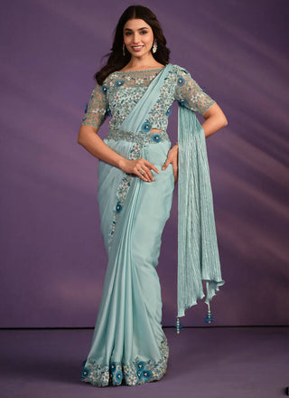 Sea Green Crepe Satin Silk Embroidered Saree With Stitched Blouse - Mohmanthan Exotica - Distacart