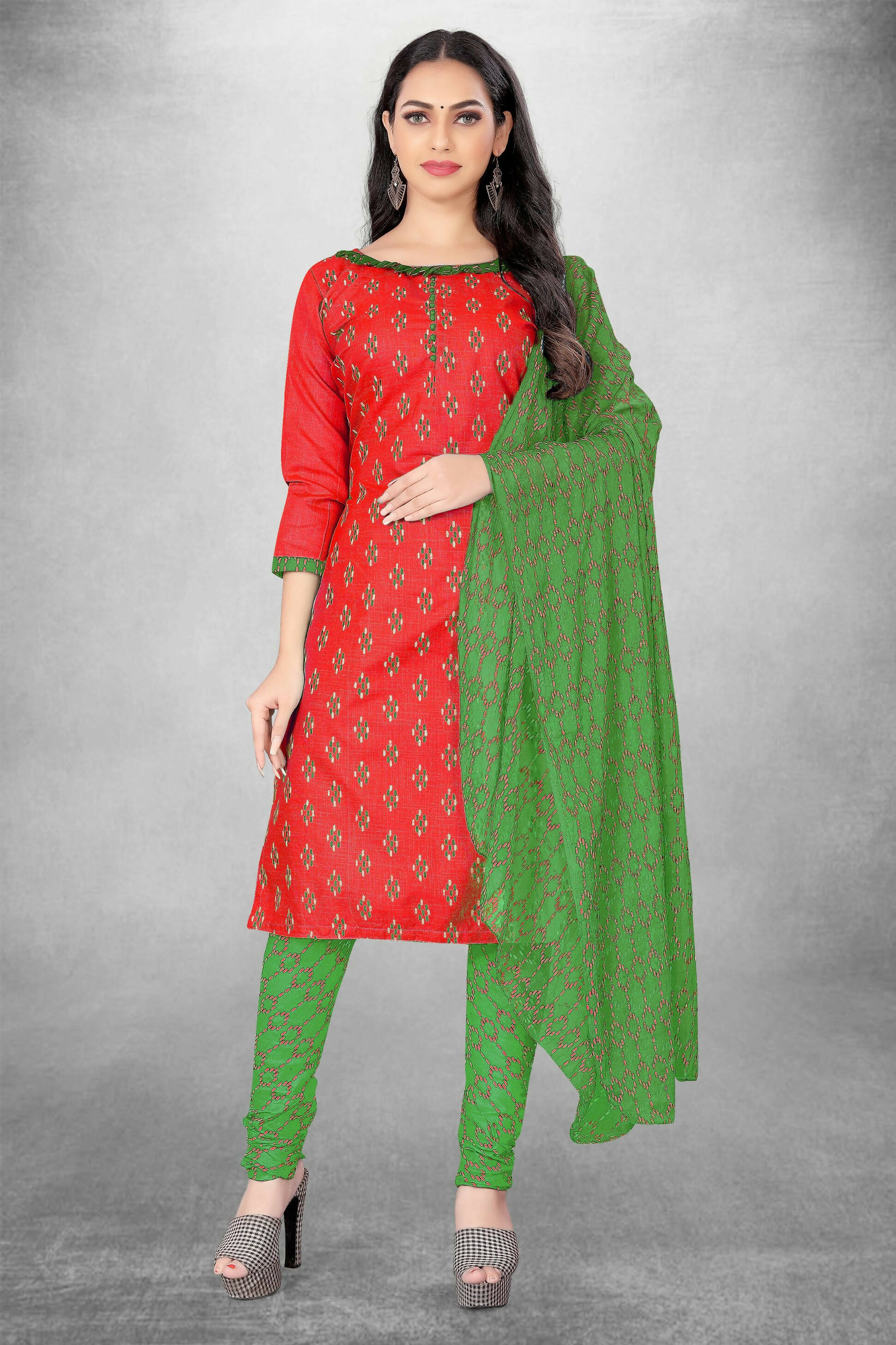 Red Cotton Printed Unstitched Dress Material - Amara - Distacart