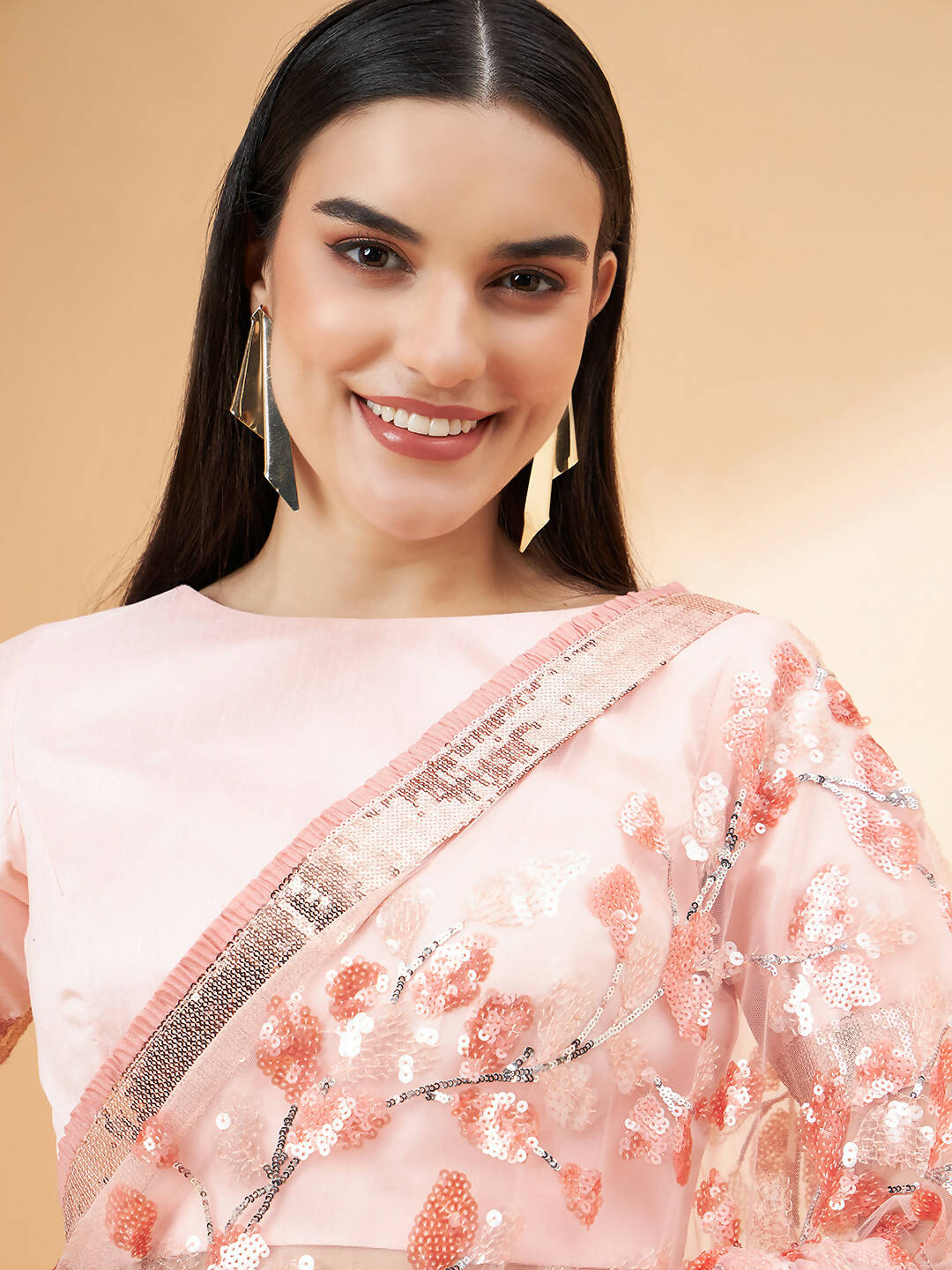 Peach Lycra Sequin Embroidery And Frills Saree - Norita Hit Design - Distacart