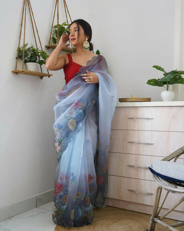 Vamsee Grey Organza Saree - Distacart