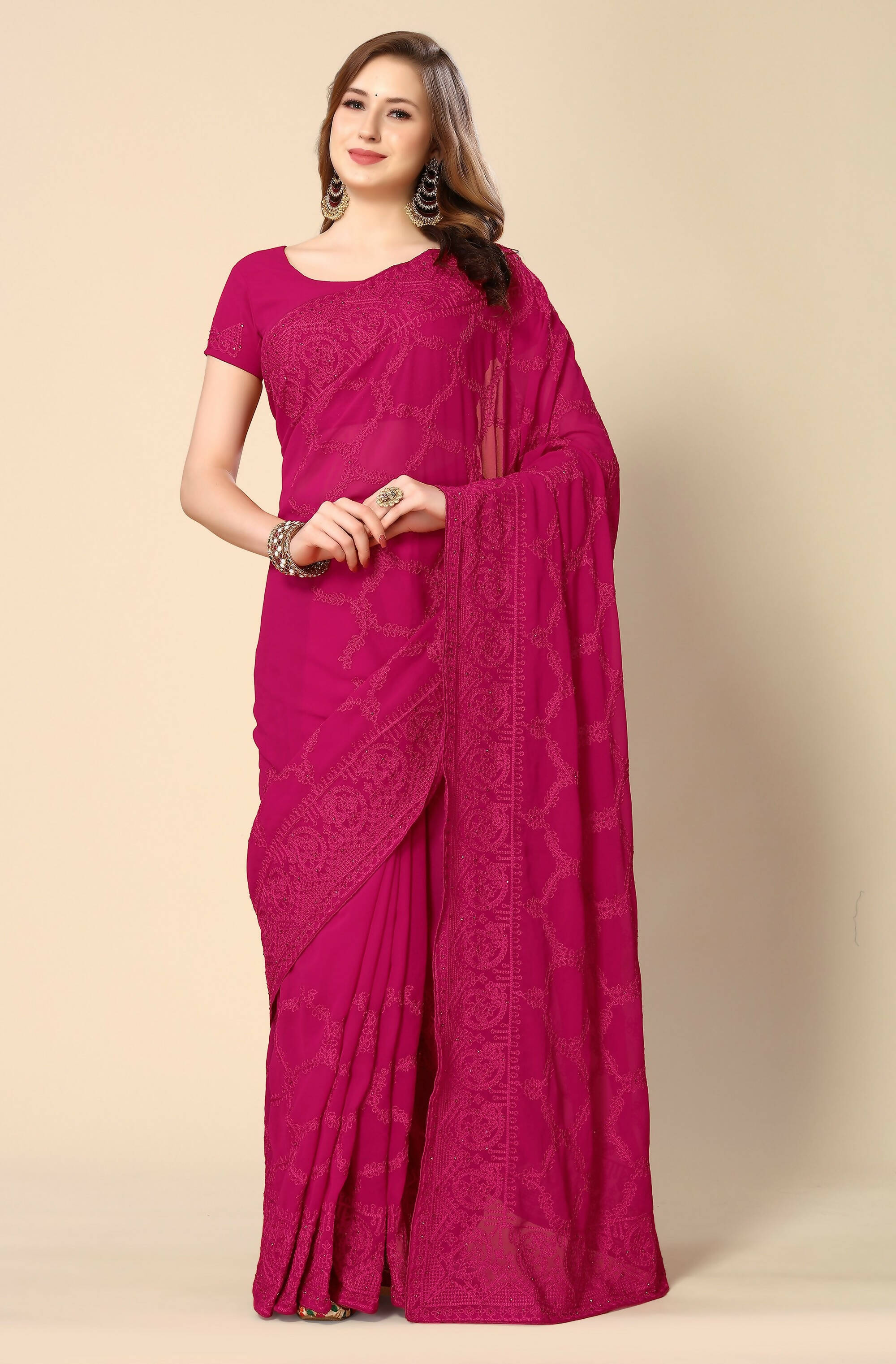 Pink Georgette Embroidered and Stone Work Saree with Unstitched Blouse Piece - Roozal - Distacart