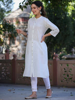Thumbnail for Juniper Women's White Cotton Slub Embroidered Straight Kurta - Distacart