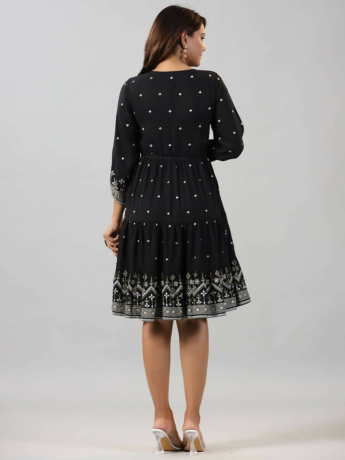 Juniper Women Black Rayon Printed Short Tiered Dress - Distacart