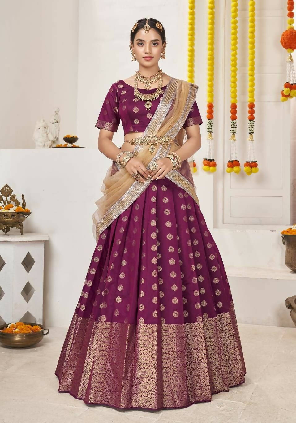 DEIANA'S Beautiful Jackquard Weaving Lehengha Choli - Wine - Distacart
