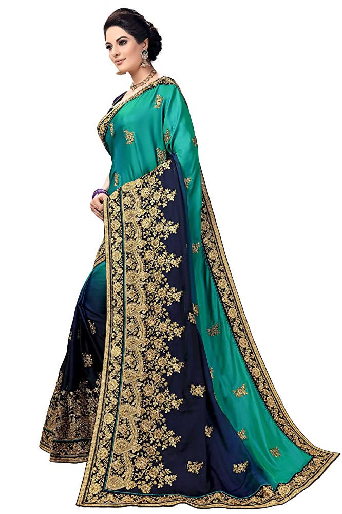 Sarvadarshi Fashion Women's Blue Barfi Silk Heavy lace Embroidery work Saree With blouse piece