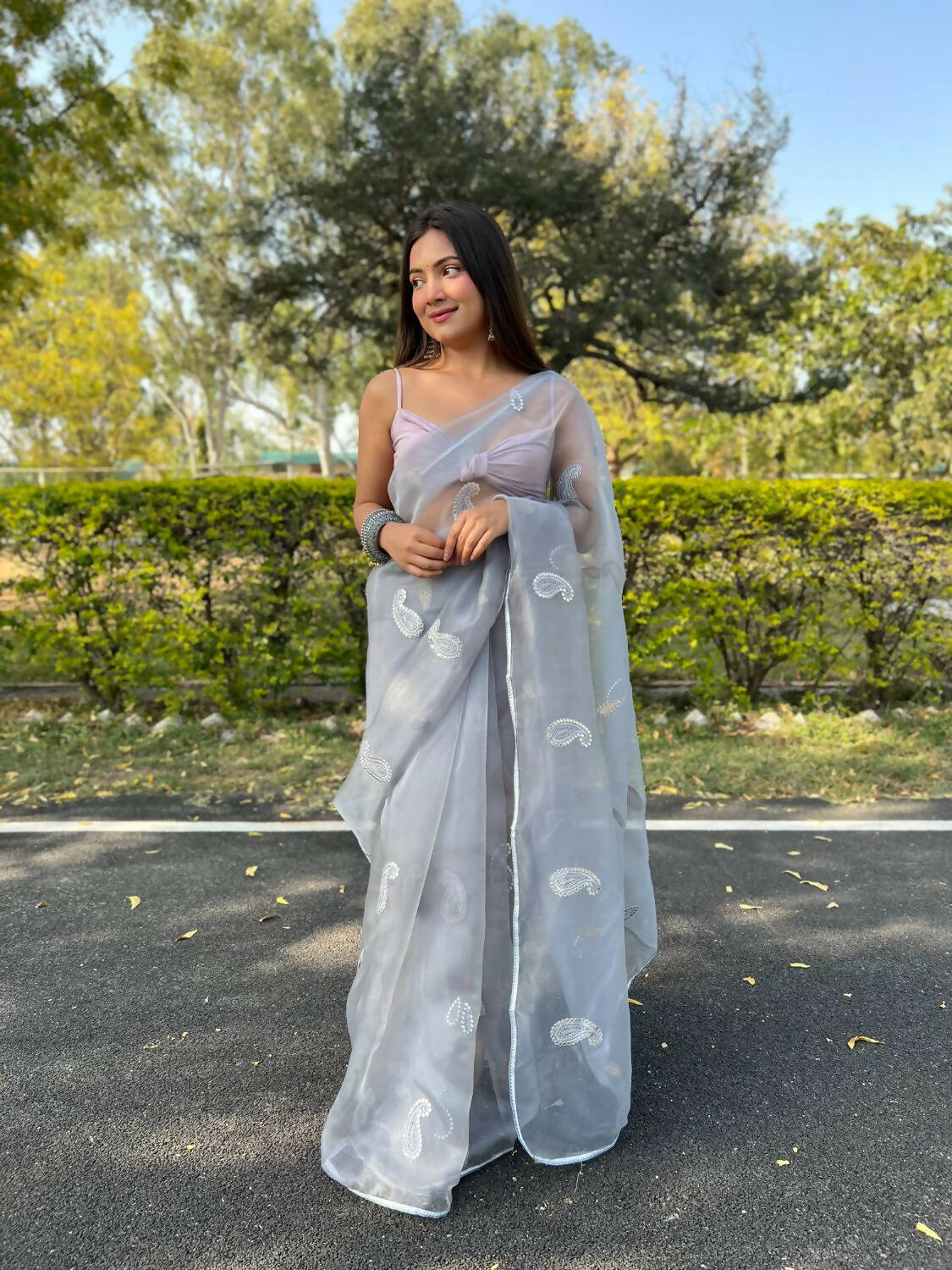 Vastrasky Grey Organza Saree - Distacart