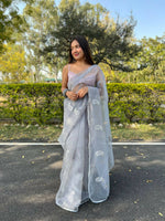 Thumbnail for Vastrasky Grey Organza Saree - Distacart