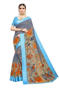 Thumbnail for Vamika Blue Linen Digital Print with Satin Border Floral Saree