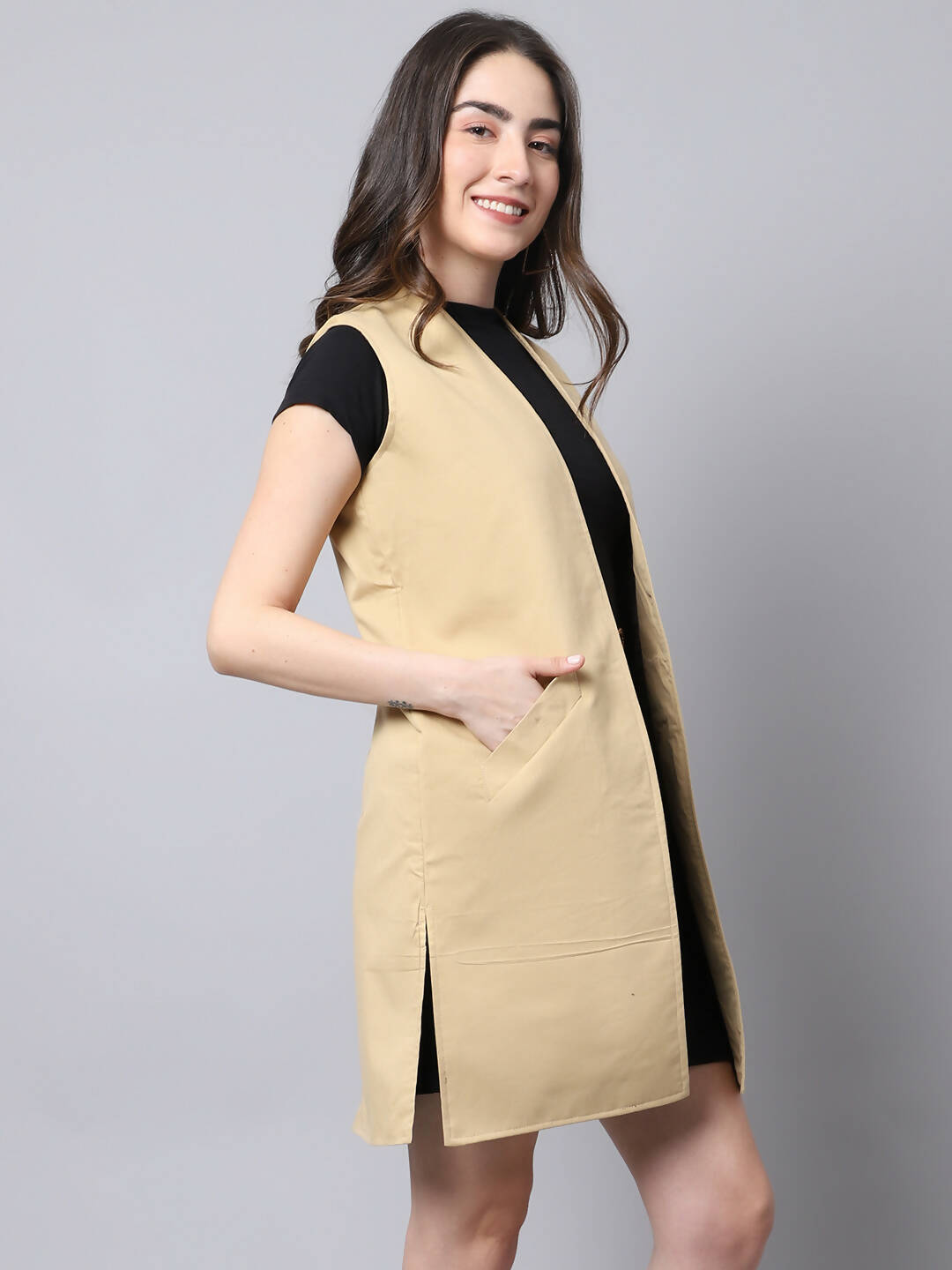 Even Apparels Brown Polywool Open Front Women's Long Coat PW724 - Distacart