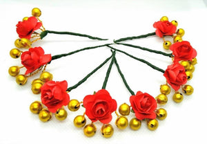 Red Rose Flower With Gold Beaded Hair Brooches (Set of 8 Brooches)