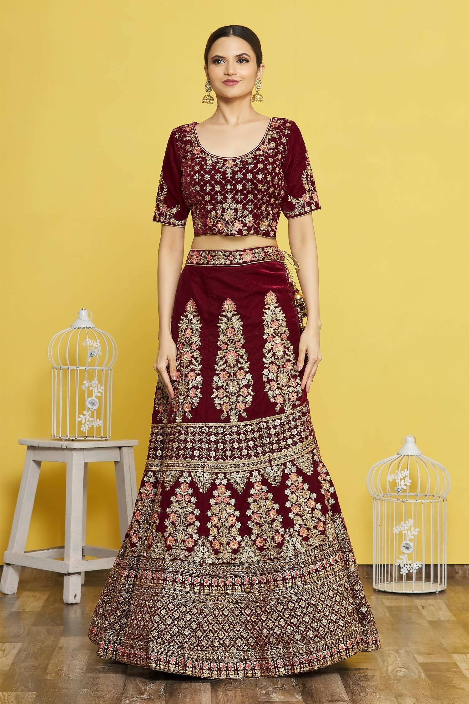 Maroon Velvet Semi-Stitched Wedding Bridal Lehenga - Nimaya - Distacart