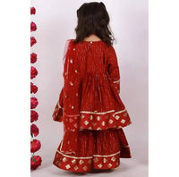 Thumbnail for Little Bansi Maroon Color Brocade patch work Kurta Frock with Sharara and Dupatta