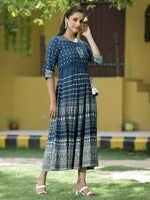 Thumbnail for Juniper Blue Rayon Festive Printed Flared Dress For Women - Distacart
