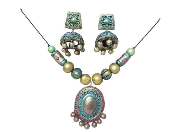 Terracotta Boho Style Mini Necklace Set With Jhumkas-Green