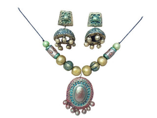 Terracotta Boho Style Mini Necklace Set With Jhumkas-Green