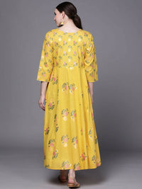 Thumbnail for Ahalyaa Women Yellow Floral Fit & Flare Maxi Ethnic Dress - Distacart