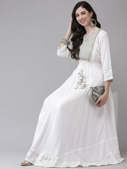 Yufta White Embroidered Ethnic Maxi Dress