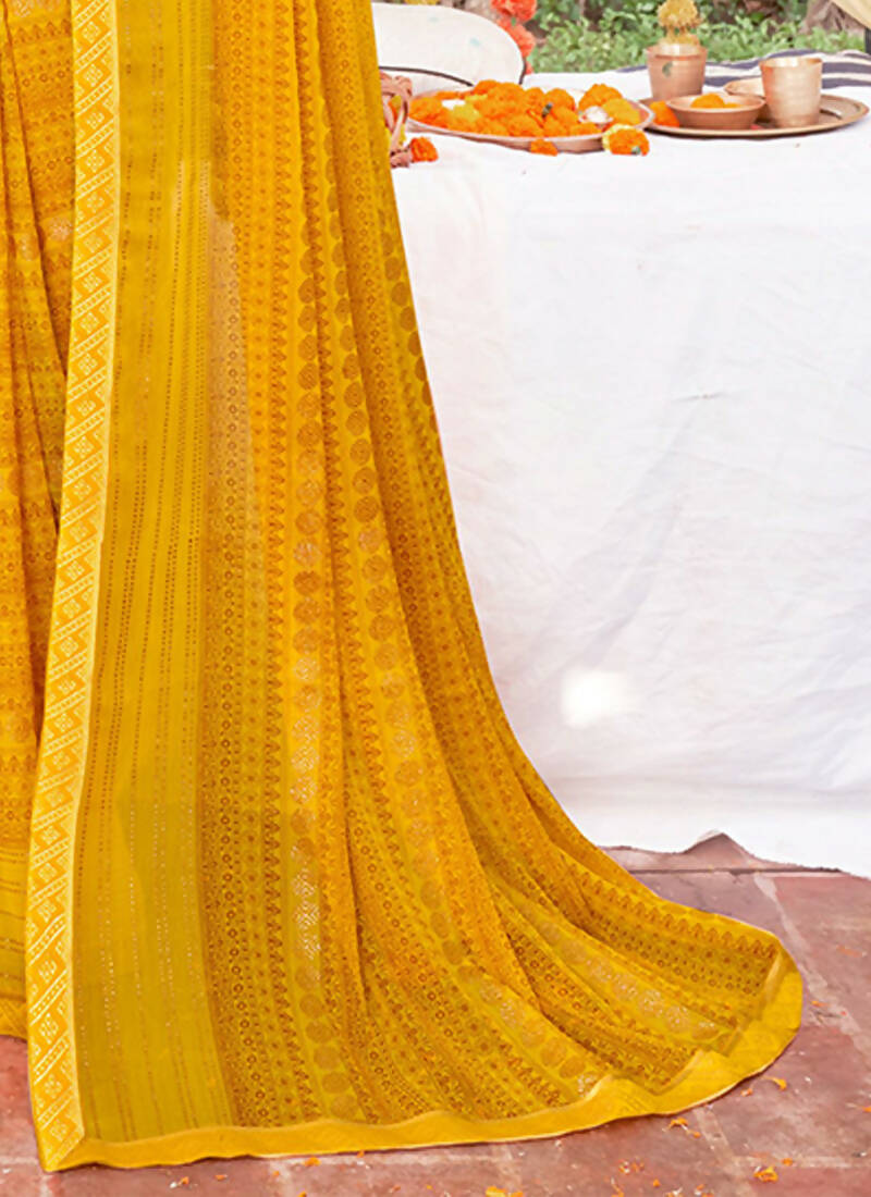 Mustard Georgette Foil Printed Saree with Unstitched Blouse Piece - Avika - Distacart