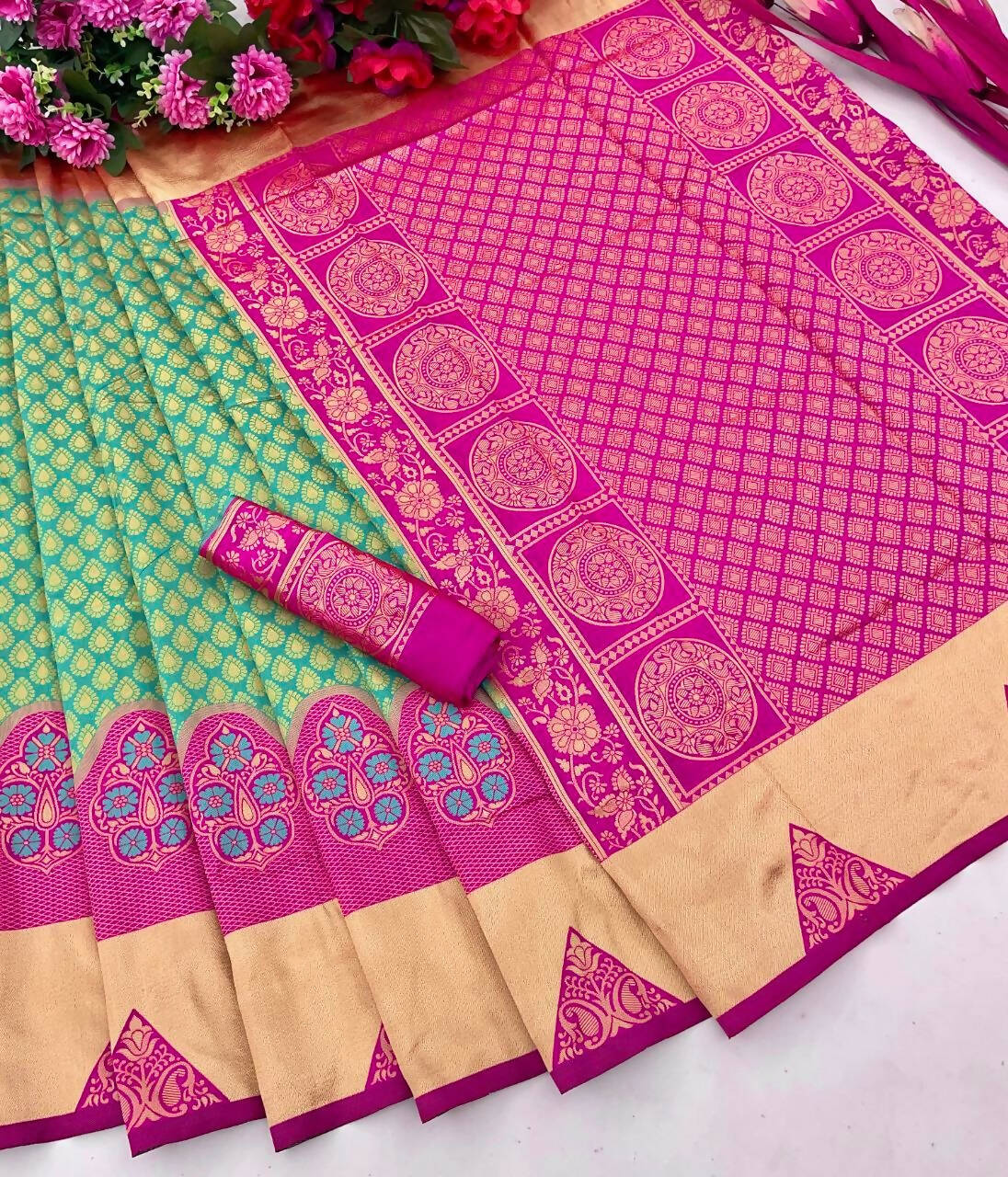 DEIANA'S Beautiful Golden Jari with New Design Soft Lichi Silk Saree - Bluue - Distacart