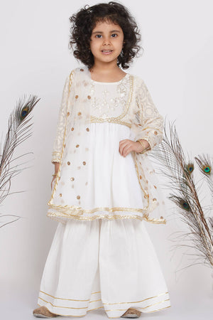Little Bansi Cotton Floral Embroidery Frock Kurta with Sharara & Dupatta - White - Distacart