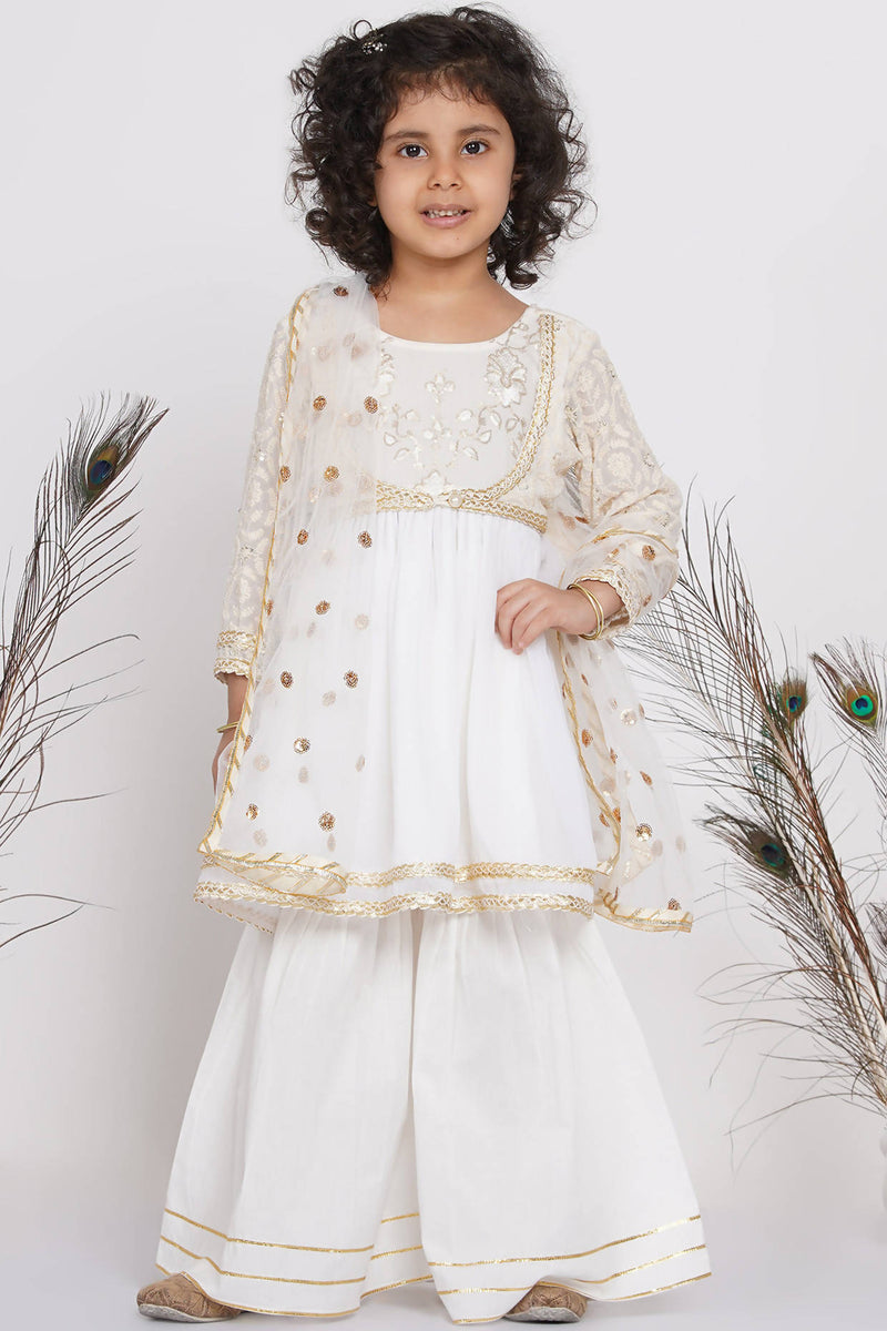 Little Bansi Cotton Floral Embroidery Frock Kurta with Sharara &amp; Dupatta - White - Distacart