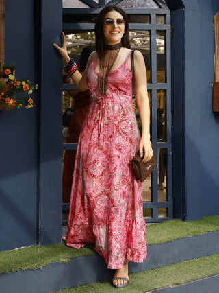 Pink Rayon Foil Printed Long Dress - Michan - Distacart