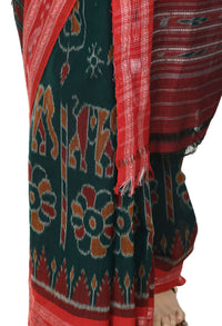 Thumbnail for Vamika Sambalpuri Ikat Cotton Dehabandha Green & Red Saree - Distacart