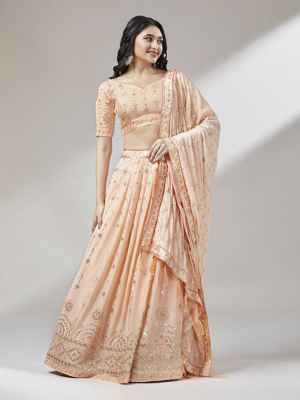 House of Panchhi Women Peach Pure Georgette Embroidered Lehenga & Blouse, Dupatta - Distacart