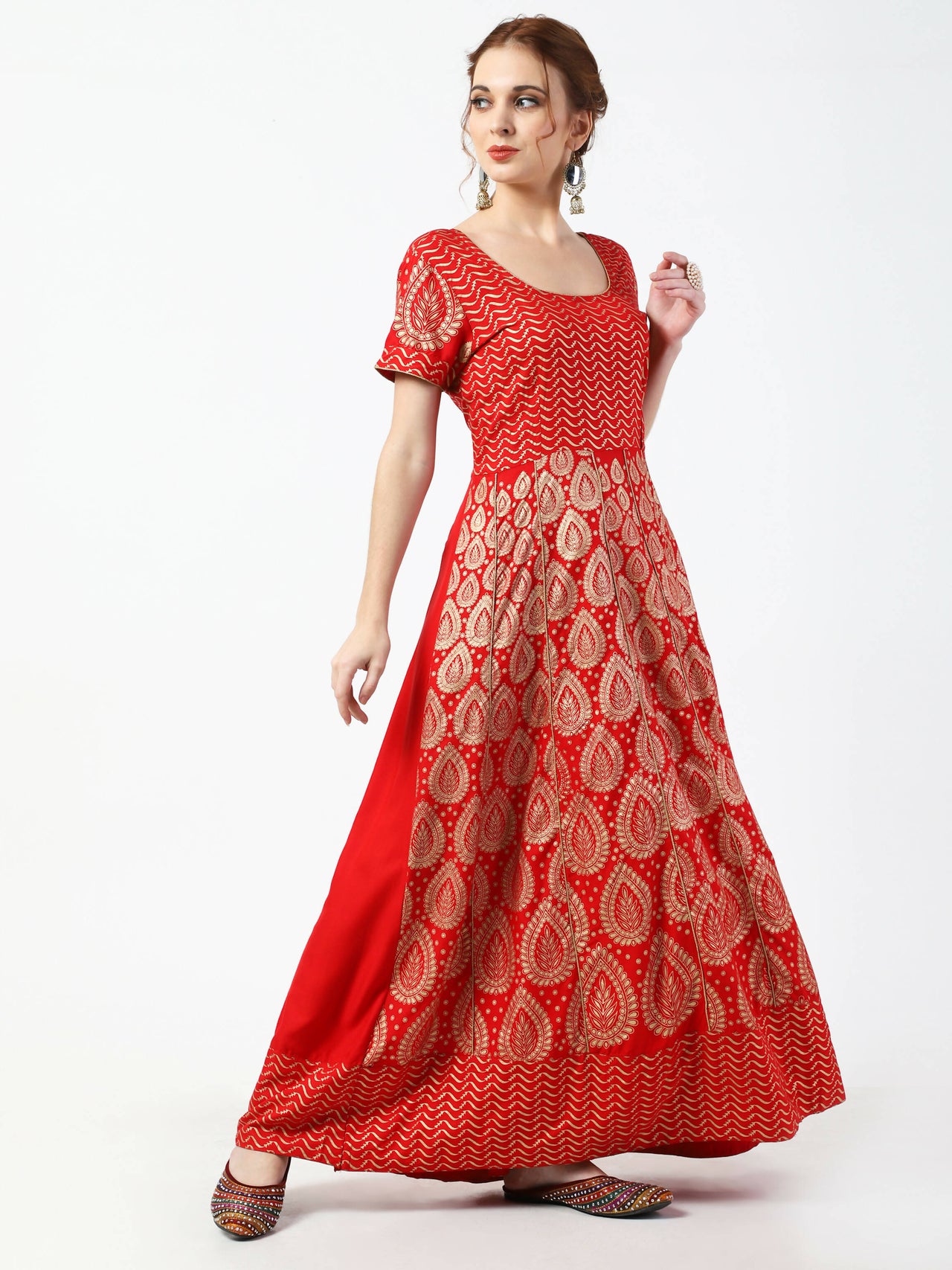 Cheera Women's Red Chanderi Silk & Rayon Hand Block Print Long Dress With Silk Dupatta Set - Distacart