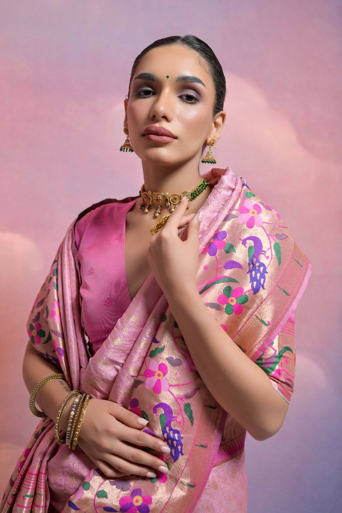 Vishnu Weaves Women's Baby-Pink Paithani Silk Zari Woven Saree with Blouse - Distacart