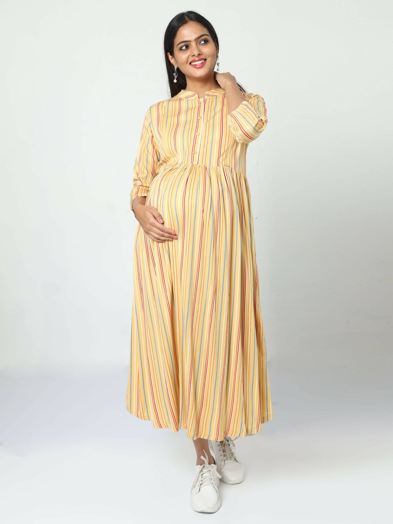 Manet Three Fourth Maternity Dress Striped With Concealed Zipper Nursing Access - Yellow - Distacart