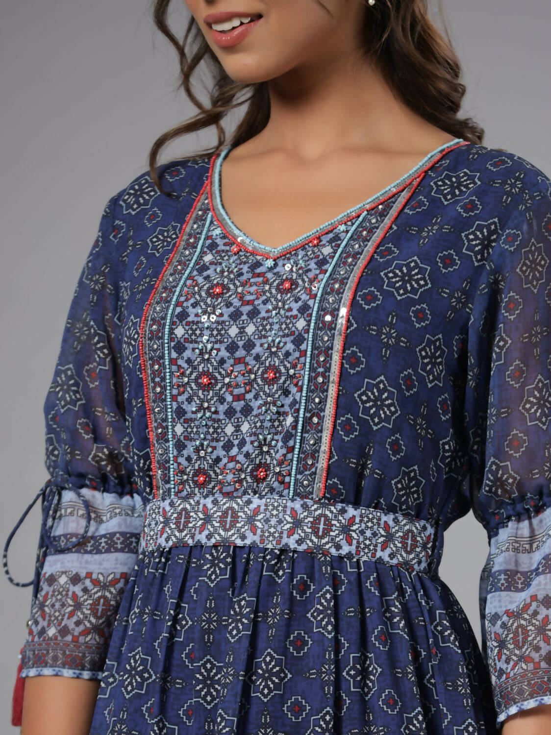 Juniper Women Navy Blue Georgette Geometric Printed Tiered Maxi Dress - Distacart