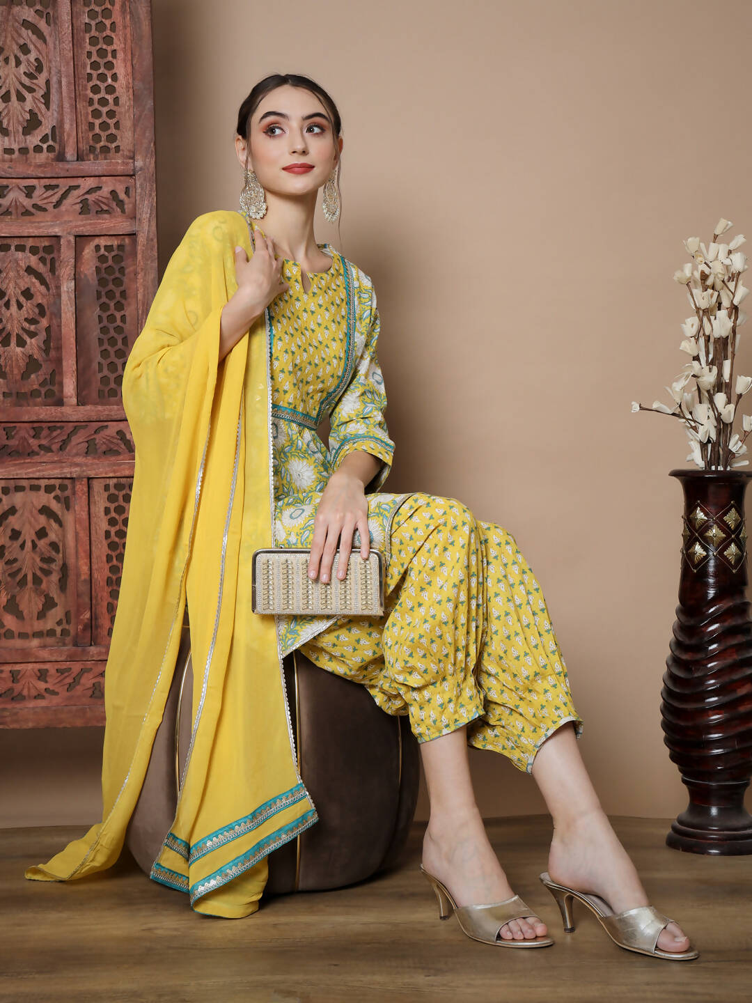 Myshka Women's Yellow A-Line Kurta & Salwar With Dupatta - Distacart