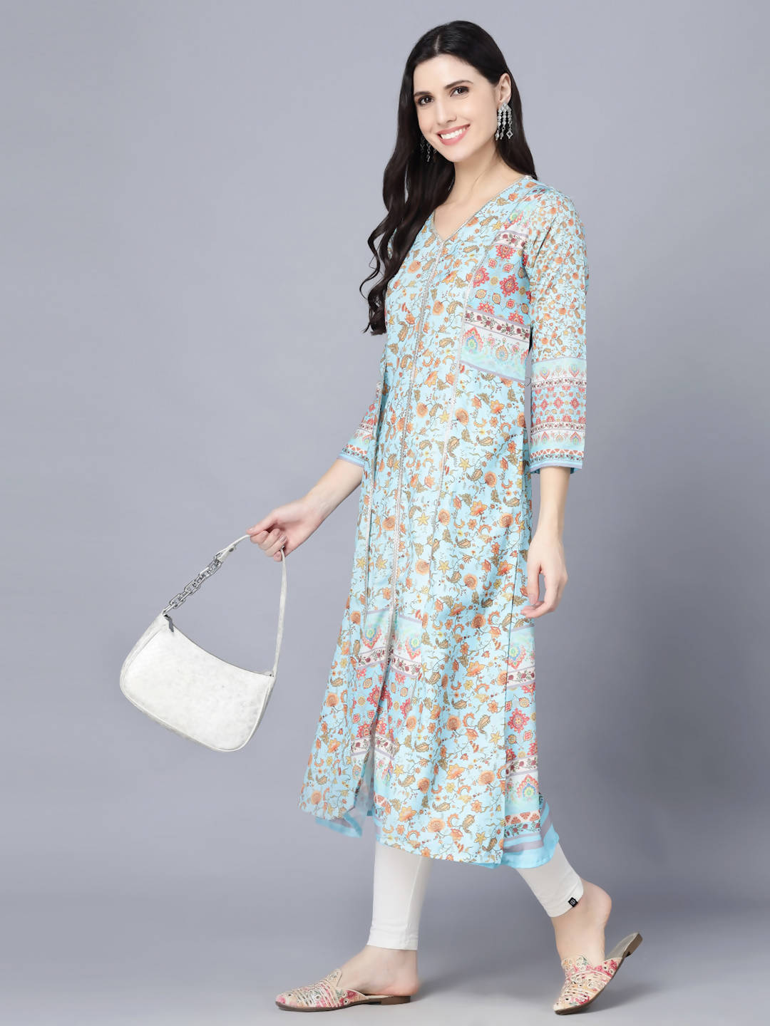 Myshka Women Blue Floral Printed Thread Work Anarkali Kurta - Distacart