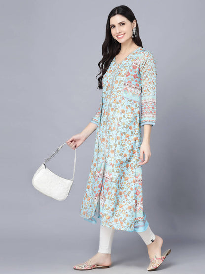 Myshka Women Blue Floral Printed Thread Work Anarkali Kurta - Distacart