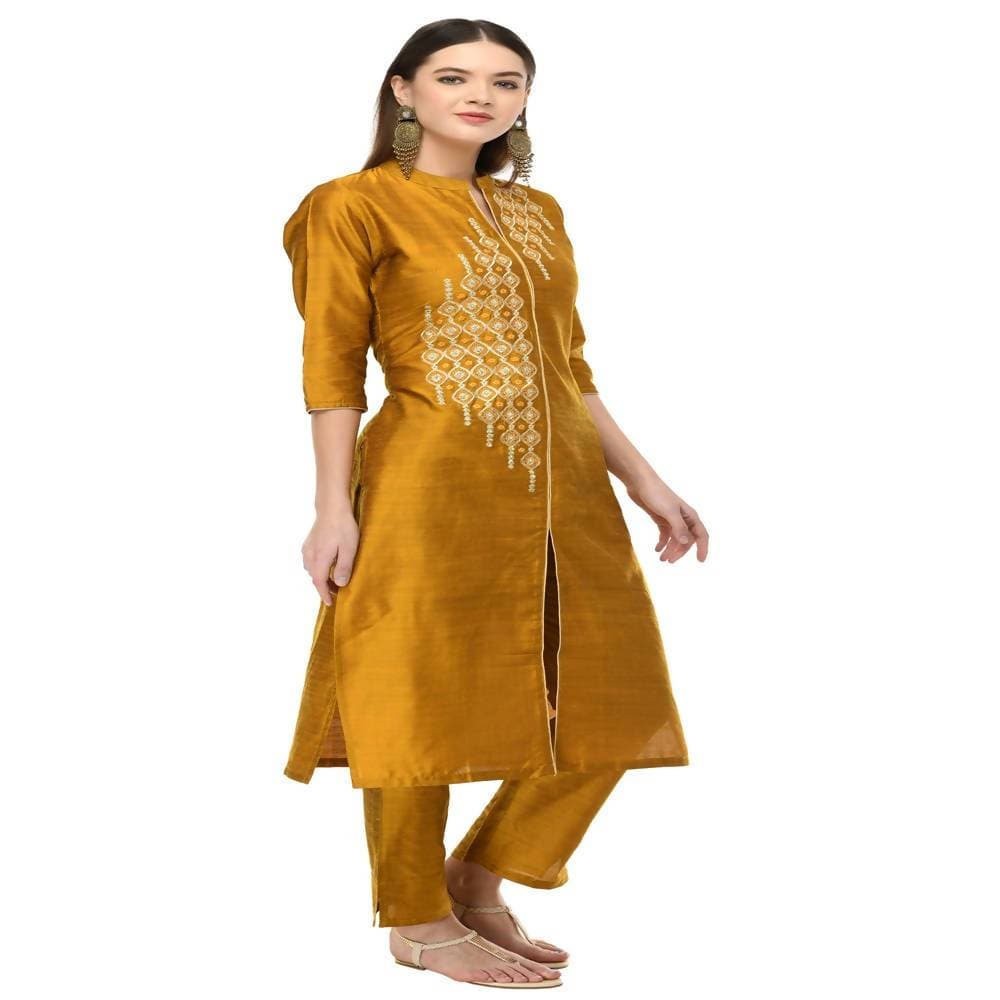 Lagi Women's Mustard Poly silk Straight Embroidred Kurta & Pant (RO115C)