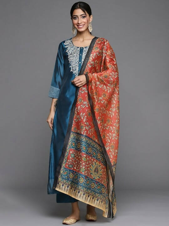 Varanga Women Teal Blue & Silver Zari Yoke Straight Kurta with Trousers & With Dupatta - Distacart