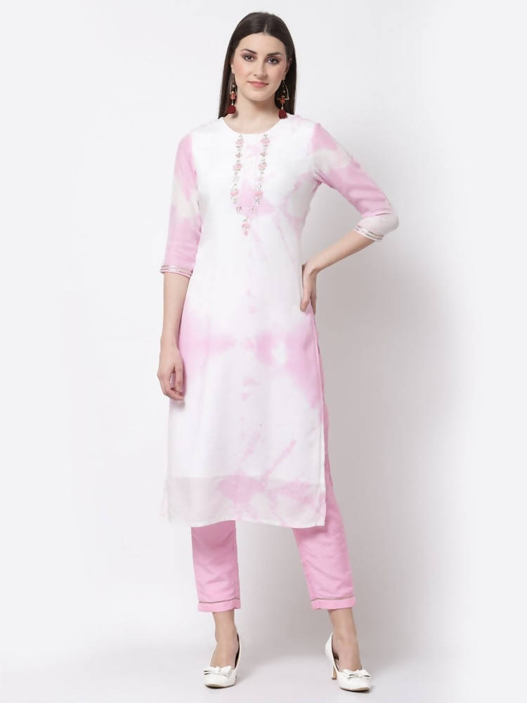 Myshka Pink Color Silk blend Embroidered Kurta With Pant Dupatta Set