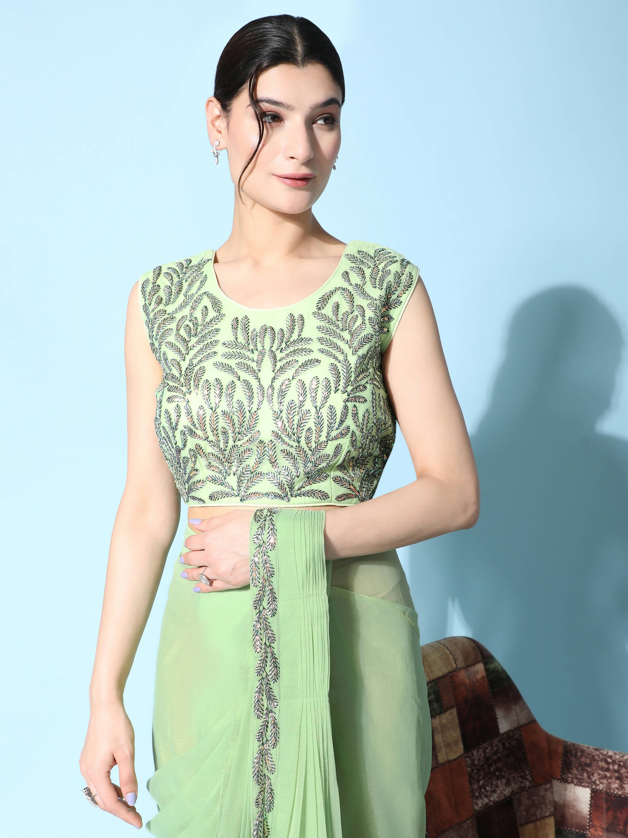 Green Fancy Pure Fabric Plain Ready to wear Saree with stitched Blouse - Vrinda - Distacart