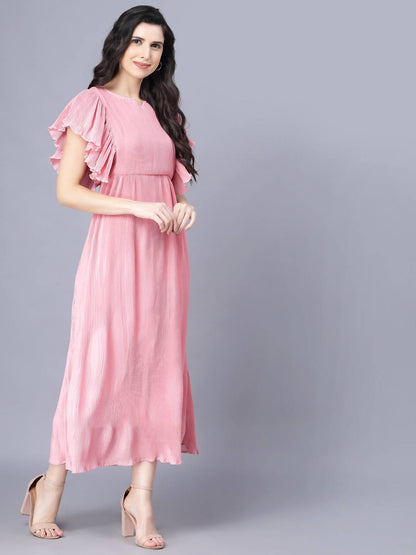 Myshka Chiffon Solid Short Sleeve Round Pink Women Dress - Distacart