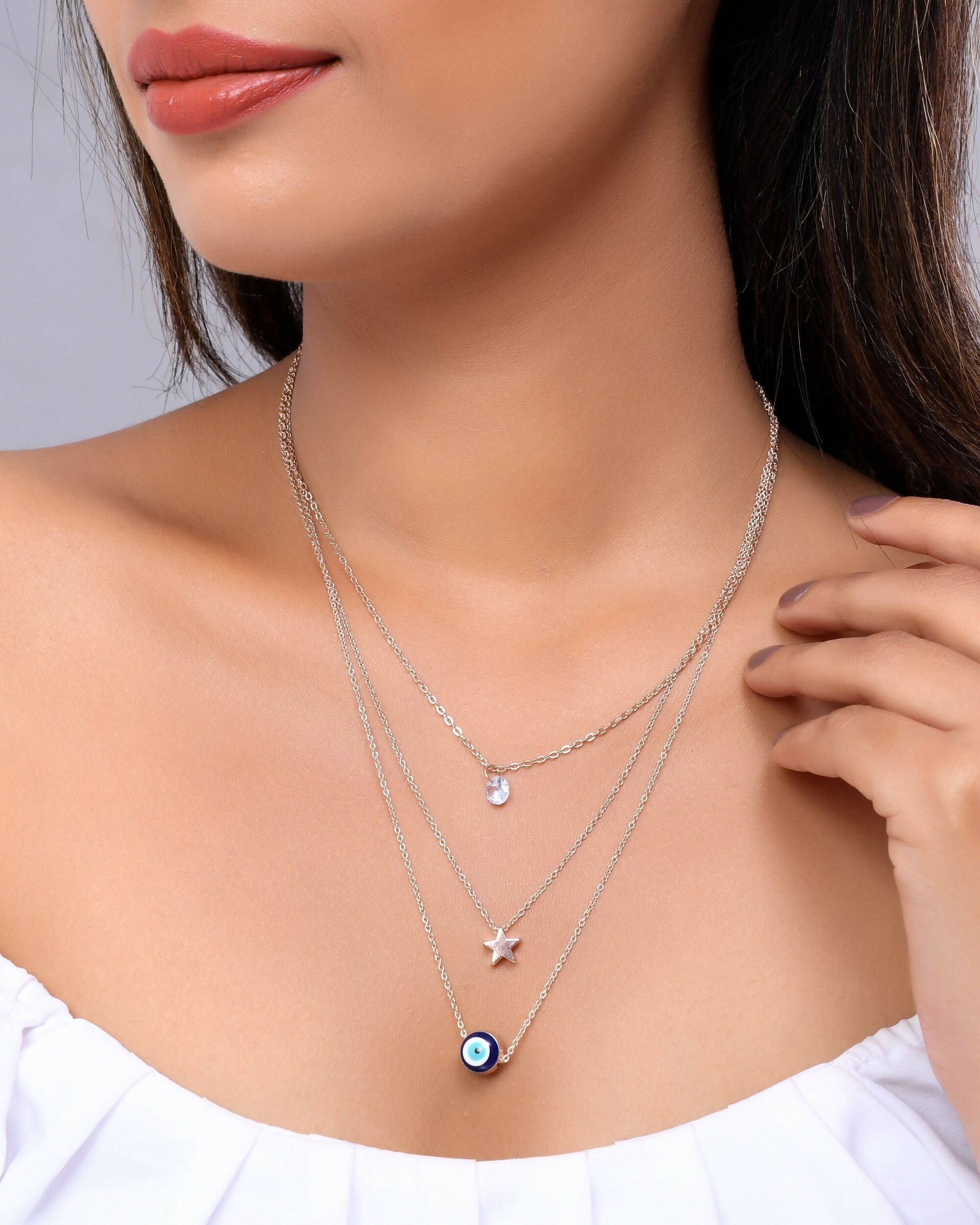 VOJ Women Stainless Steel 3 Layered Sliver Tonned Chain Set - Distacart